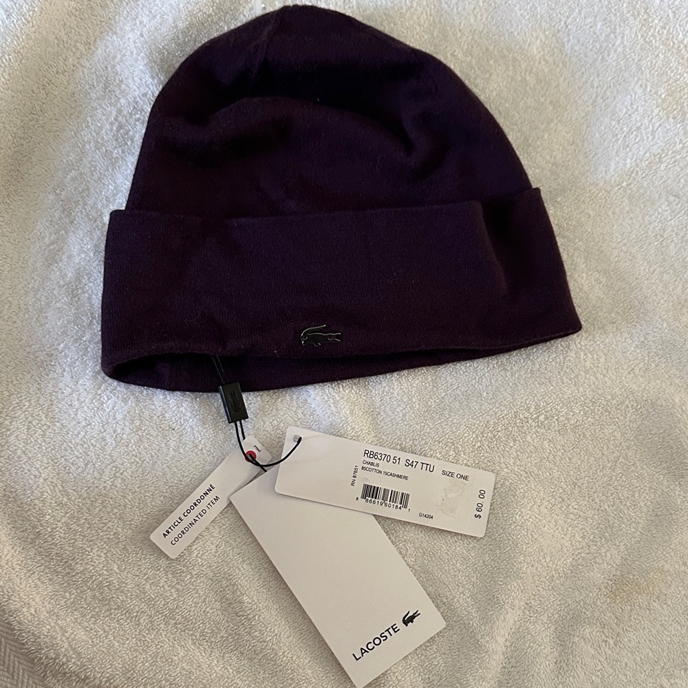 Lacoste Chablis Cotton Cashmere Purple Beanie Coordinated Item New w Tags